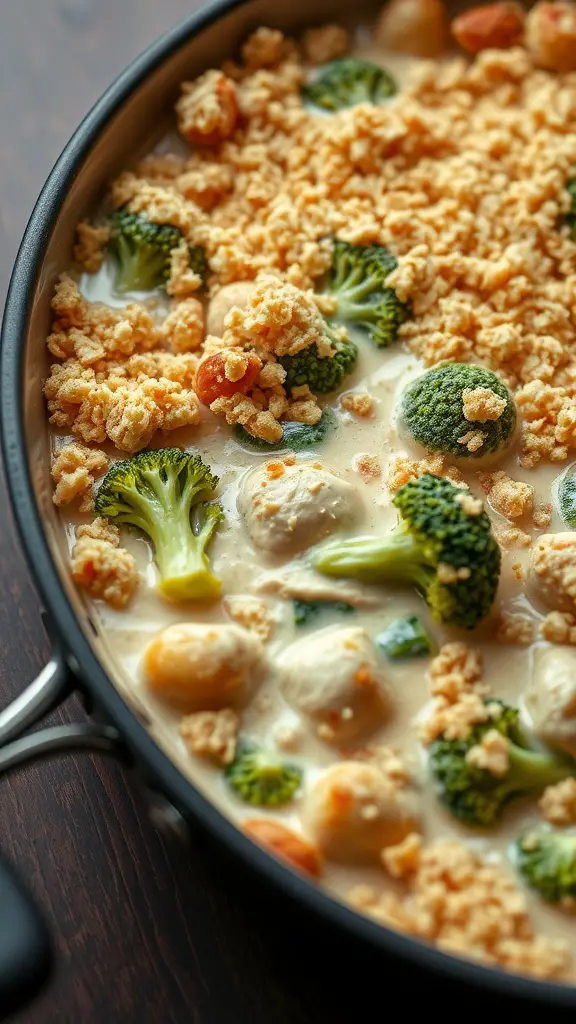 A creamy chicken and broccoli casserole topped with crispy crackers, ready to be served.