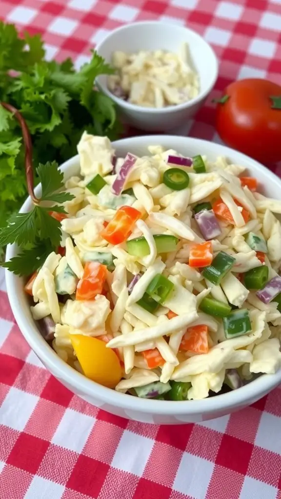Bowl of creamy coleslaw with colorful vegetables on a checkered tablecloth