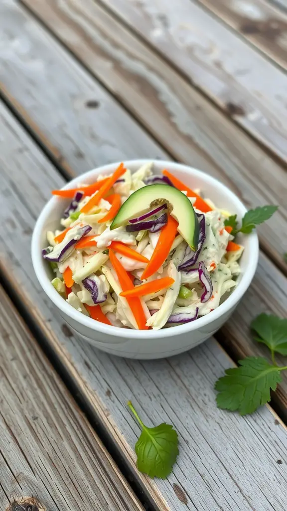 Bowl of colorful creamy coleslaw with shredded cabbage and carrots
