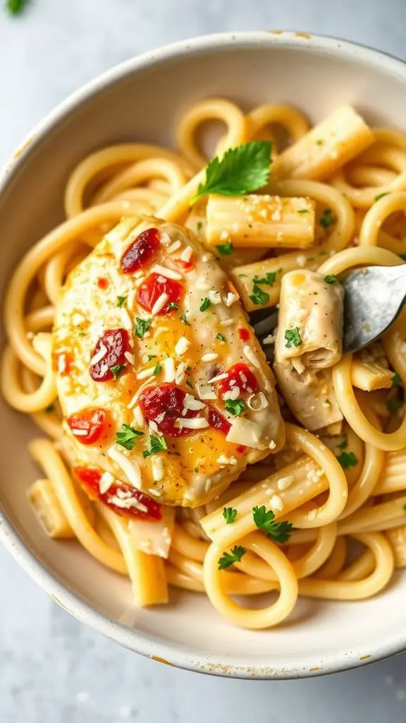 Creamy Garlic Parmesan Chicken dish with pasta and garnishes.