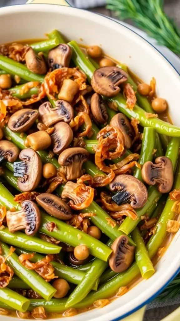 Creamy Mushroom and Green Bean Casserole with crispy onions on top