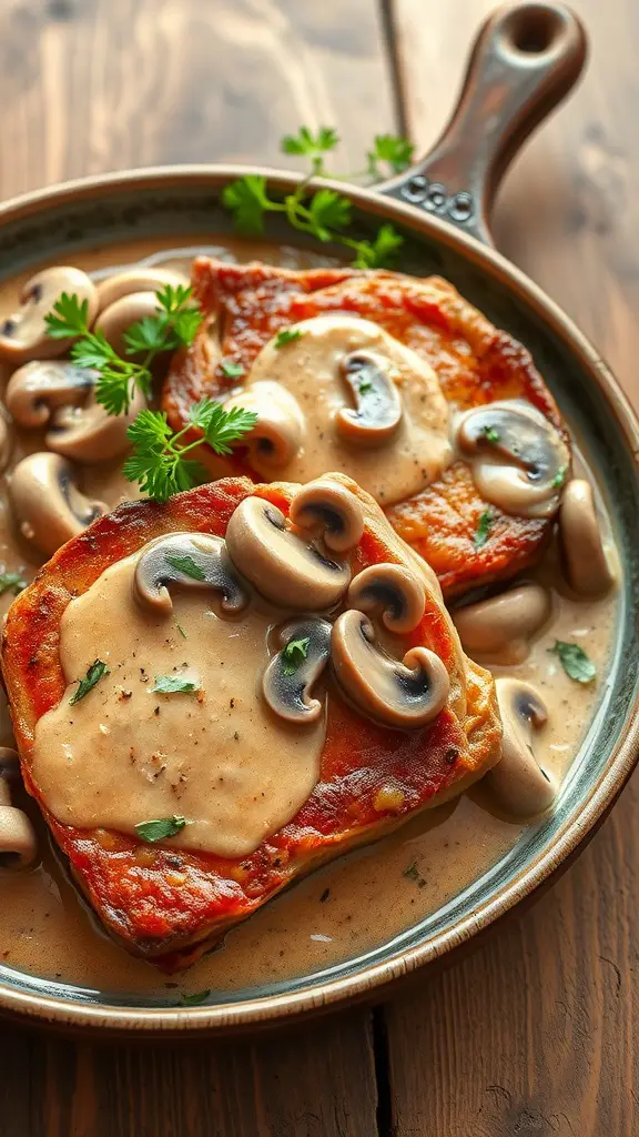 Plate of pork chops topped with creamy mushroom sauce and parsley.