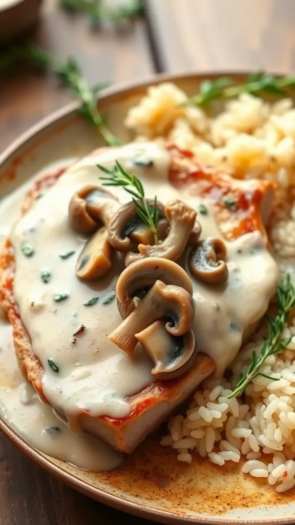 Creamy mushroom sauce over pork chops served with rice