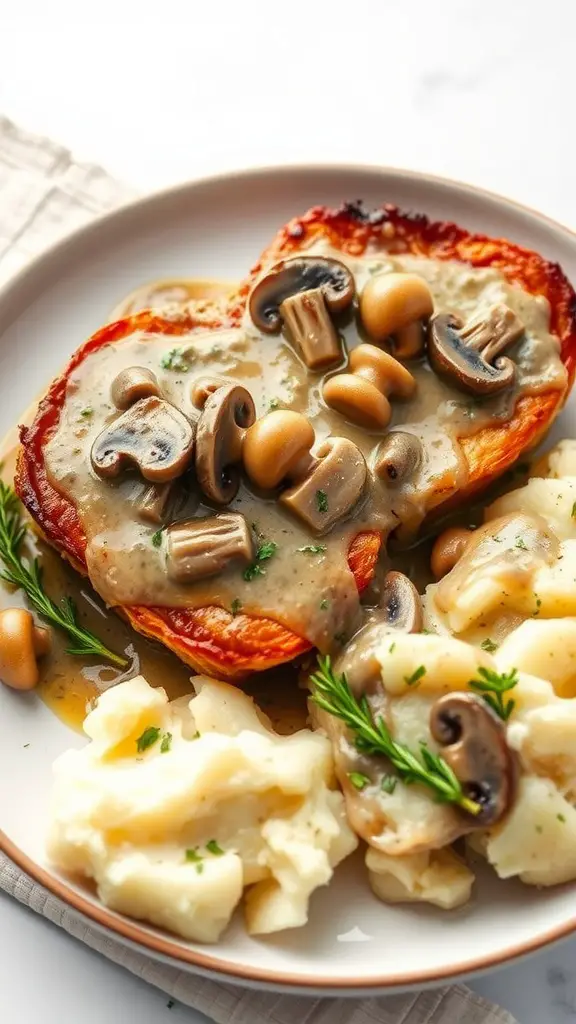 Creamy mushroom sauce pork chops served with mashed potatoes