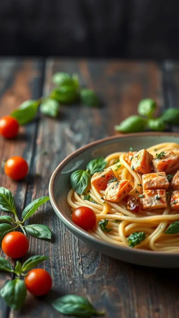 Creamy salmon pasta with spinach served in a bowl