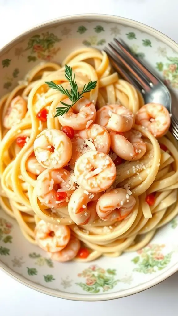 Creamy Shrimp Alfredo Pasta with fettuccine and shrimp garnished with parsley