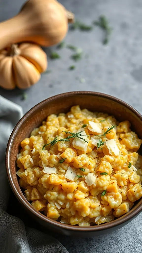 A bowl of creamy squash risotto topped with herbs.
