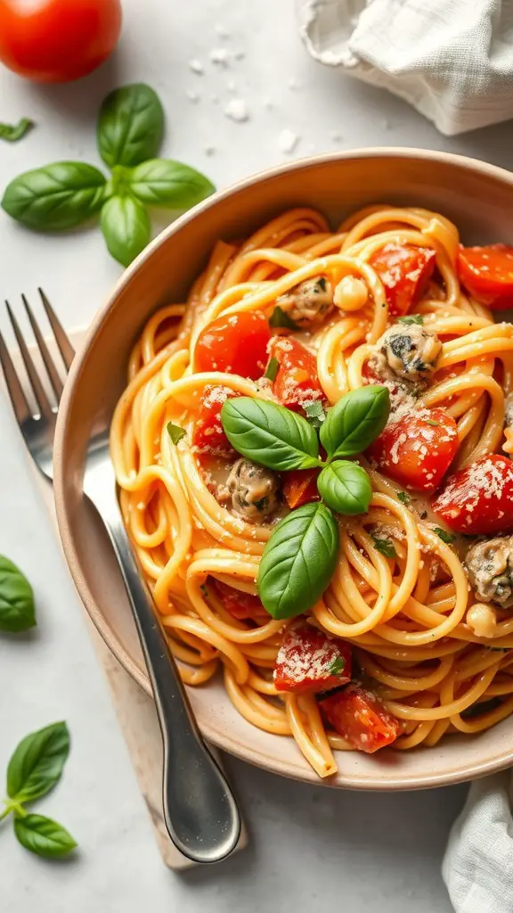 Creamy tomato basil pasta in a bowl topped with fresh basil.