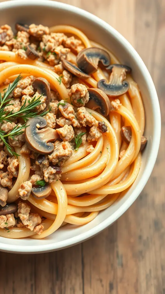 A bowl of creamy turkey and mushroom pasta topped with herbs.