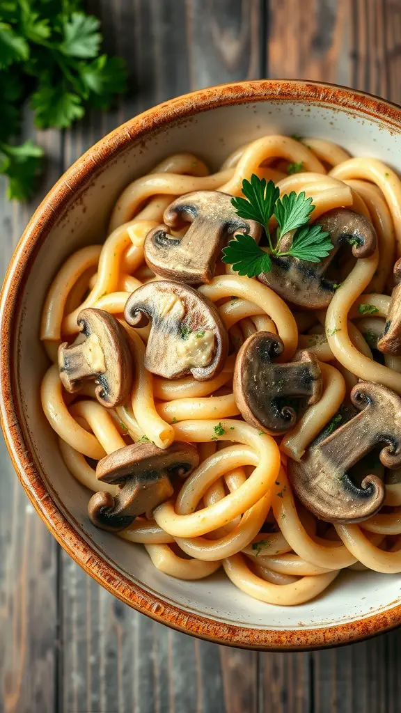 Creamy turkey pasta with mushrooms in a bowl