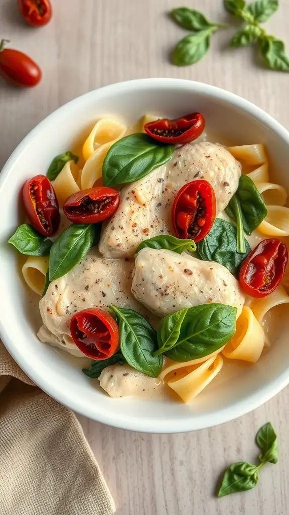 A bowl of creamy Tuscan chicken with pasta, fresh spinach, and sun-dried tomatoes.