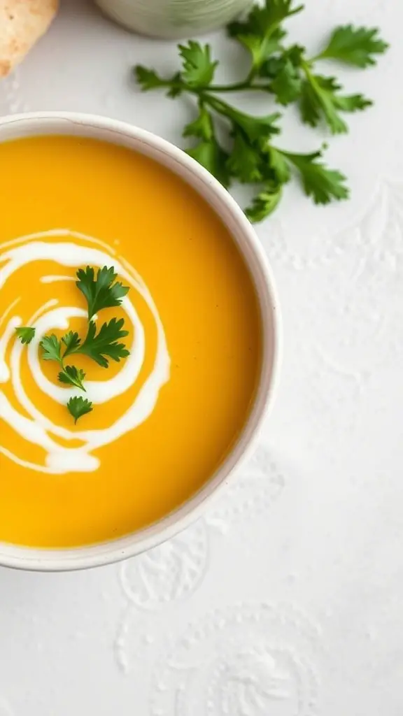 A bowl of creamy yellow squash soup garnished with a sprig of parsley.