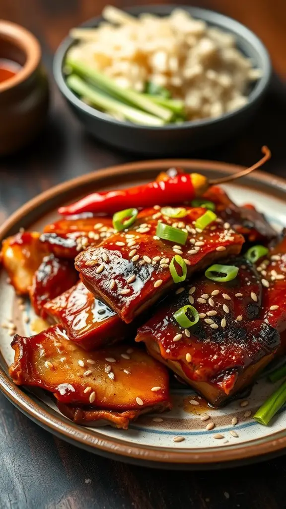 Crispy Asian BBQ Pork Belly with garnishes