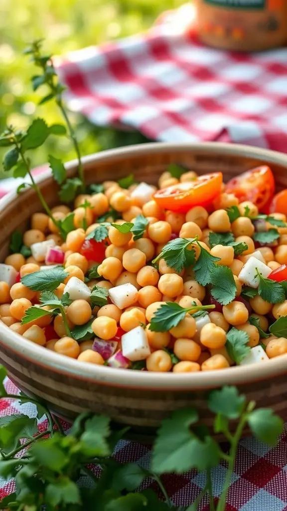 A colorful bowl of crispy chickpea salad with vegetables.
