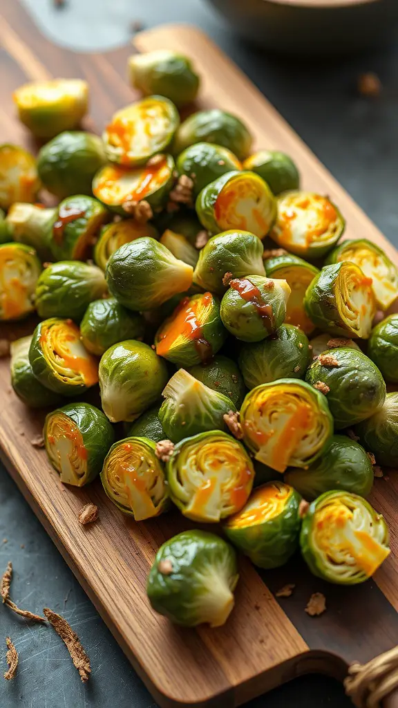 Crispy maple mustard Brussels sprouts on a wooden cutting board.