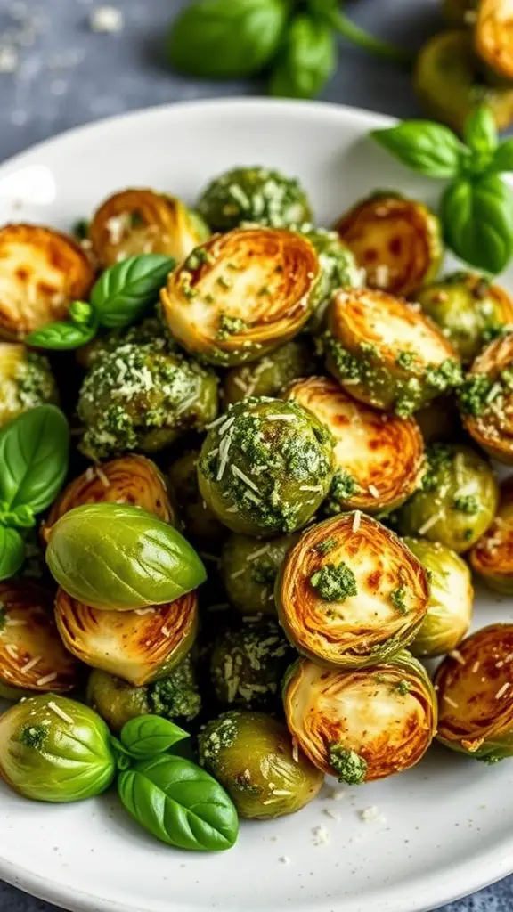A plate of crispy Brussels sprouts topped with pesto and Parmesan cheese, garnished with fresh basil leaves.