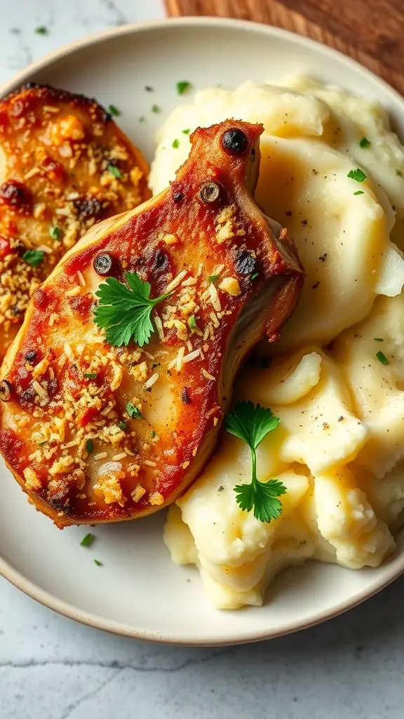 Crispy Parmesan Crust Pork Chops with Mashed Potatoes