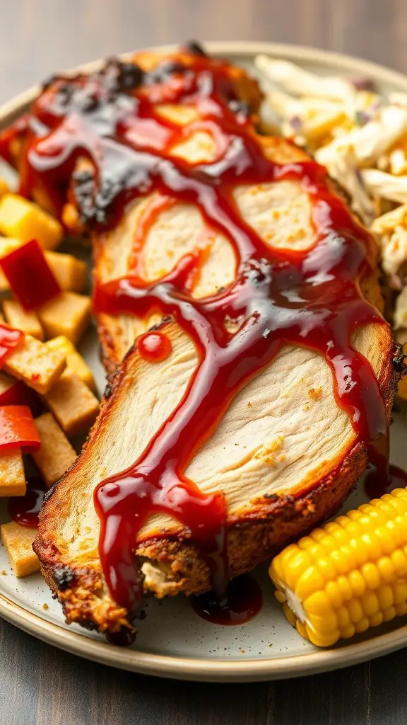 A plate featuring crispy pork loin with BBQ sauce, served with coleslaw and corn on the cob.