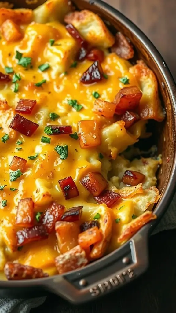 Crispy Potato and Cheddar Bake, a creamy and cheesy casserole topped with crispy cheese.