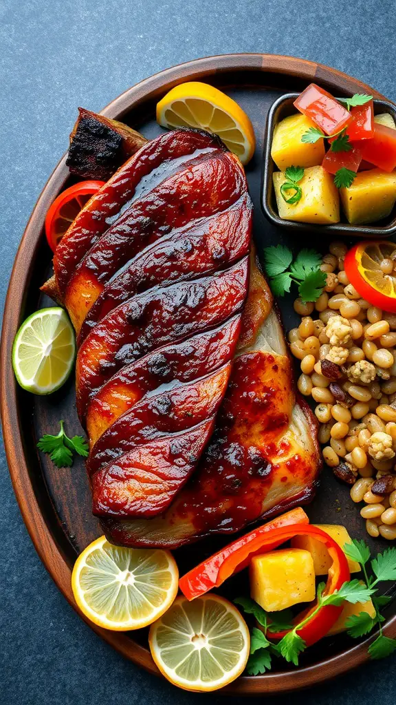 Cuban pork belly with citrus marinade served with vegetables and lime slices