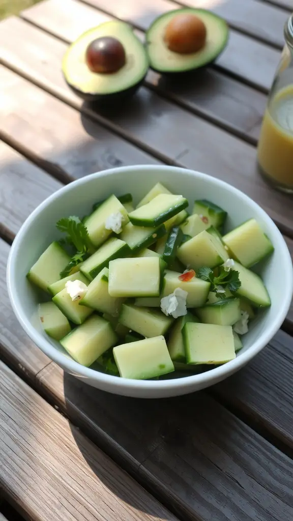A bowl of cucumber and avocado salad, garnished with lime and cilantro.