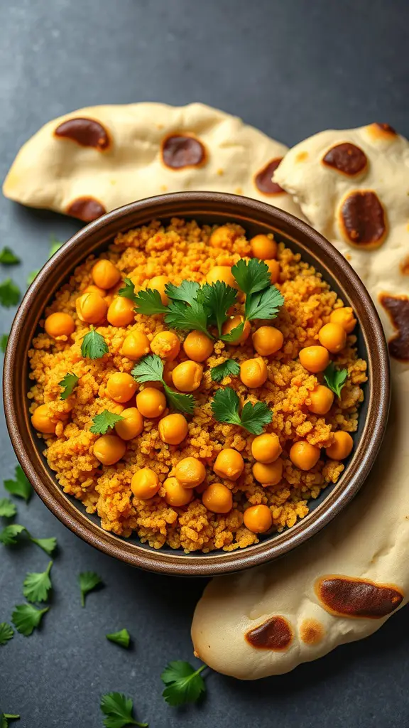 A bowl of curried quinoa with chickpeas garnished with cilantro.