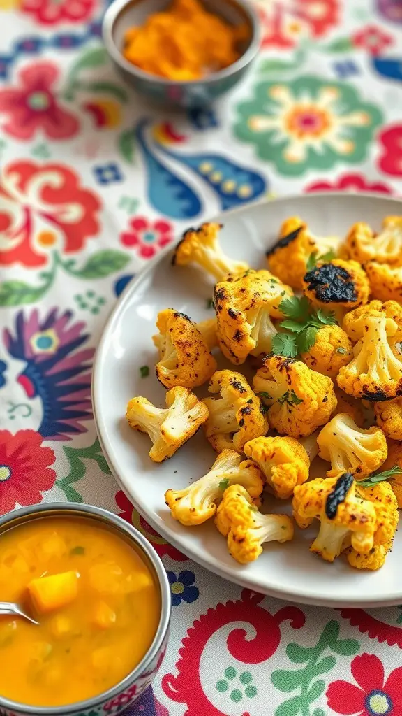 Plate of grilled cauliflower seasoned with curry spices, garnished with cilantro, served with a small bowl of sauce.
