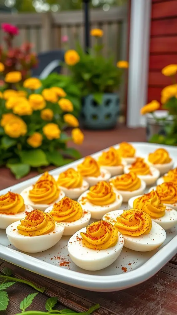 A close-up of deviled eggs topped with smoked paprika, arranged on a platter.