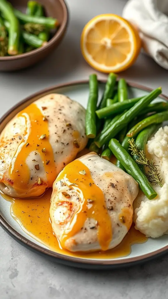 Plate of Dijon lemon chicken breasts with green beans and mashed potatoes