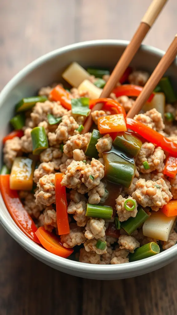 A bowl of ground turkey stir-fry with colorful vegetables