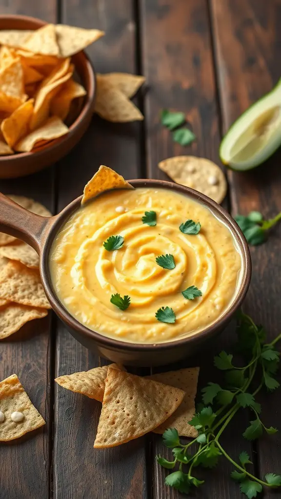 Elote-style corn dip served with tortilla chips.