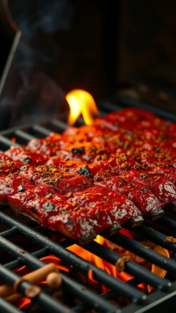 Delicious grilled ribs coated in a spicy chili rub on a barbecue grill, with flames in the background.