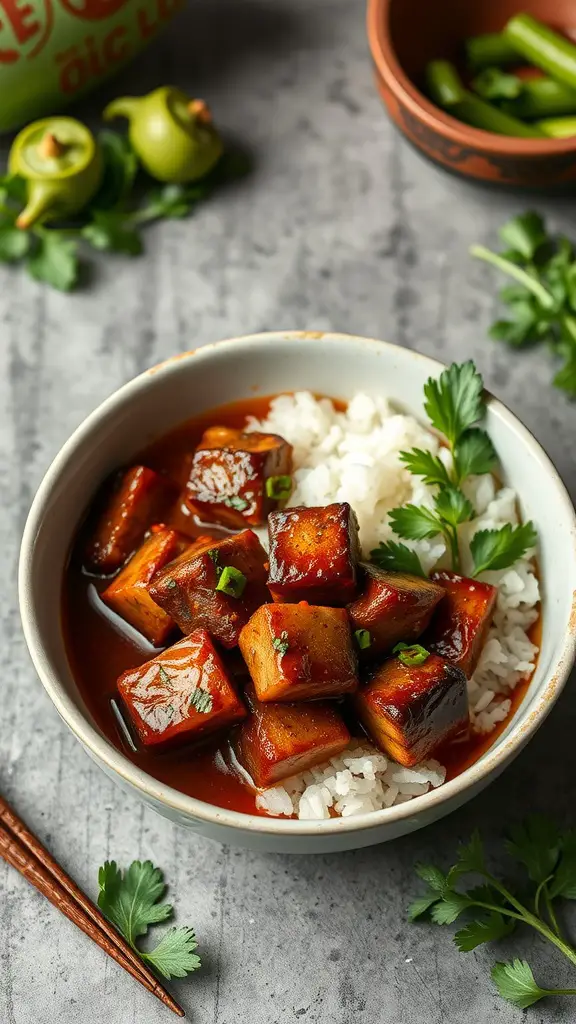 Delicious bowl of five-spice braised pork belly served over rice.