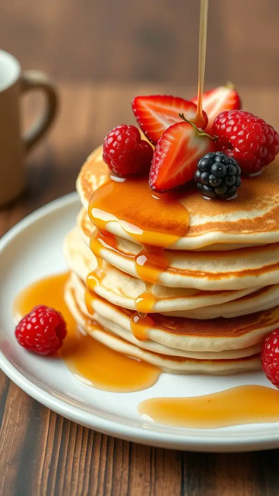 Fluffy pancakes topped with fresh berries and maple syrup