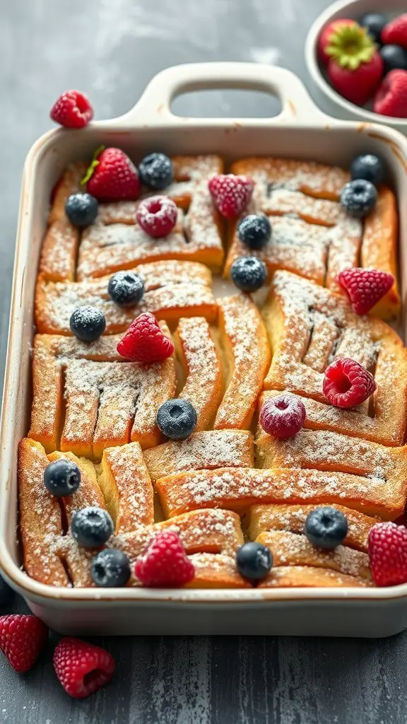 Delicious French Toast Casserole with mixed berries on top, dusted with powdered sugar.
