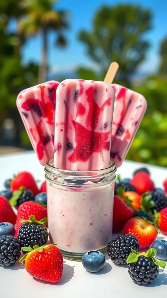 Frozen berry yogurt pops in a glass with fresh berries