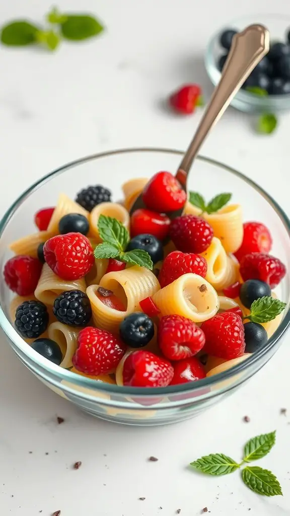 A vibrant fruit-infused pasta salad with berries and mint.