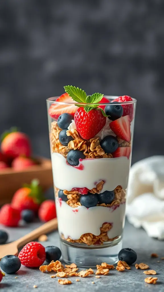 A delicious fruit and yogurt parfait with layers of granola, yogurt, and fresh berries.