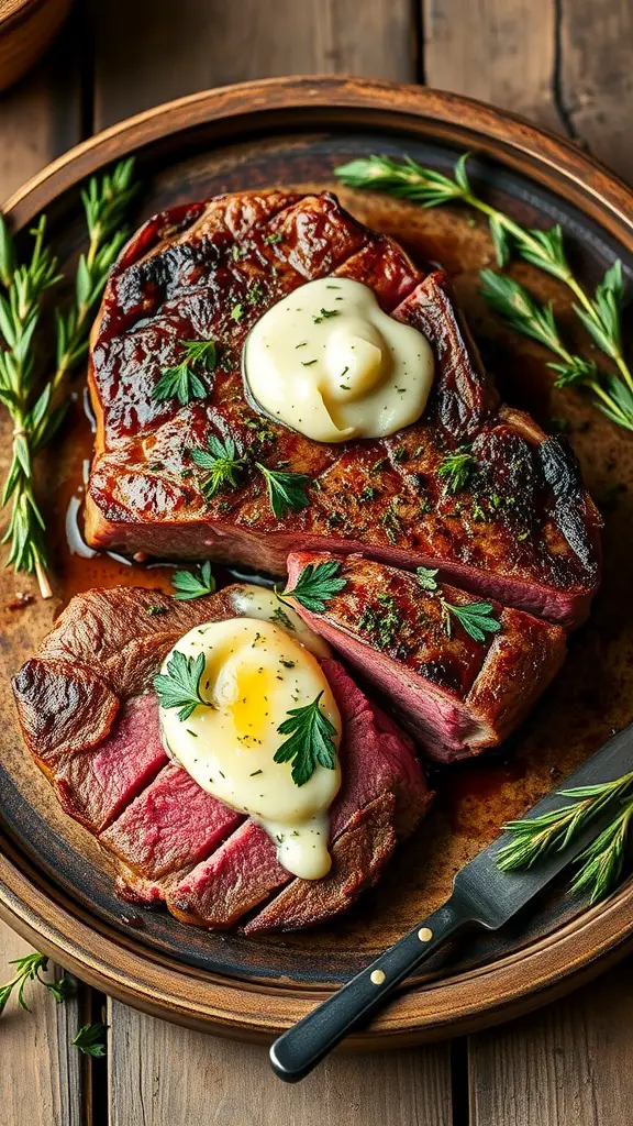Sliced flank steak topped with garlic herb butter and garnished with fresh herbs.