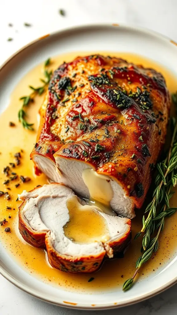 Delicious Garlic and Herb Butter Pork Loin roasted to perfection with a golden brown crust.
