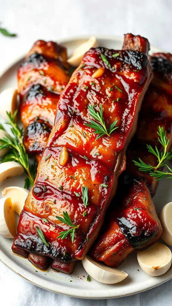 Garlic and herb marinated ribs plated with fresh herbs