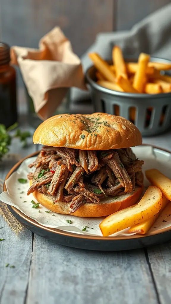 A delicious garlic and herb pulled pork sandwich served with fries and a slice of apple.