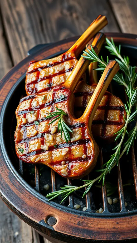 Grilled lamb chops with garlic and rosemary on a grill