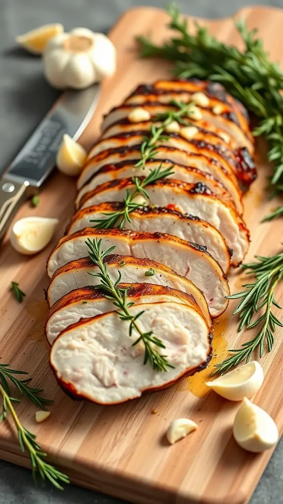 Sliced grilled pork tenderloin with garlic and rosemary garnishing