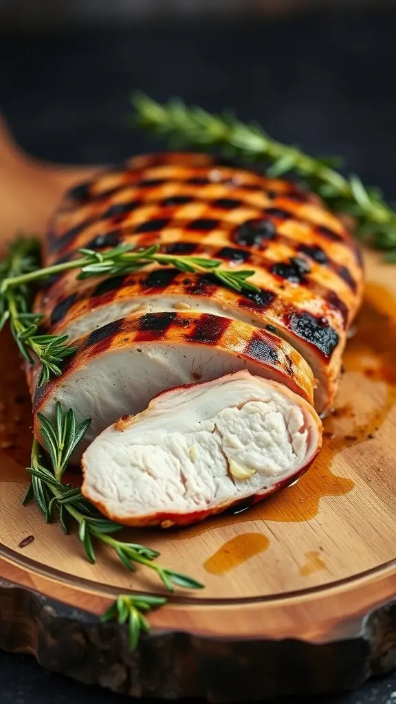 Grilled pork tenderloin garnished with rosemary