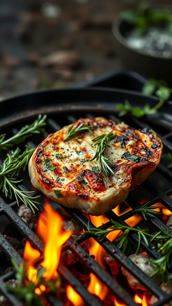 Grilled pork loin chop infused with garlic and rosemary on a grill.