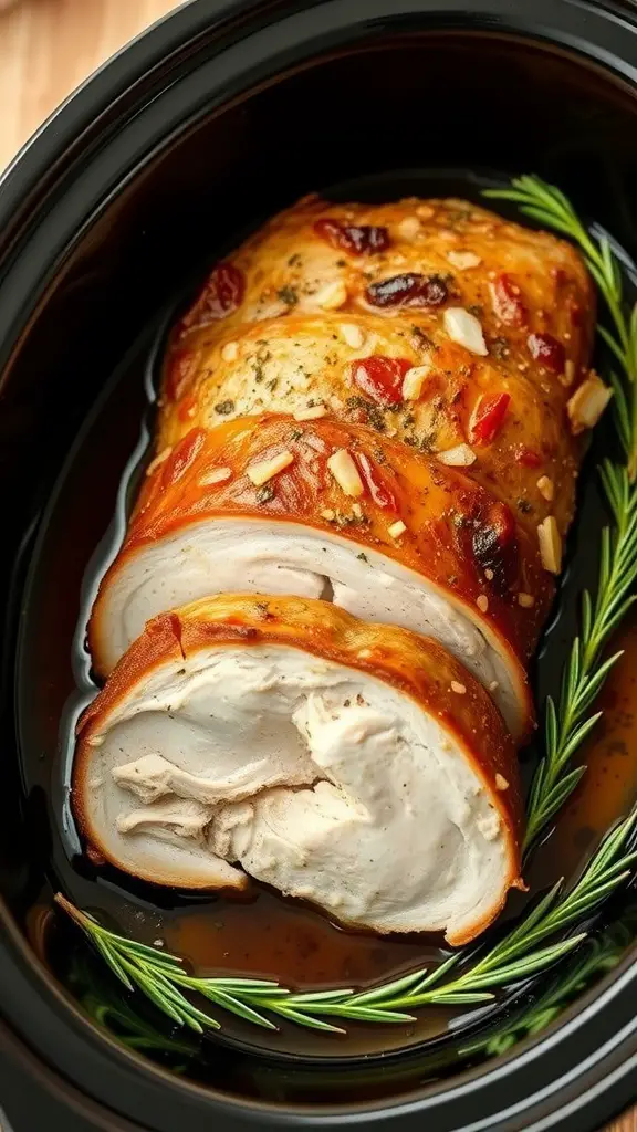 Slow cooked garlic and rosemary pork loin in a black slow cooker