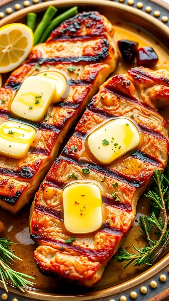 Delicious garlic butter grilled pork steaks garnished with fresh herbs.