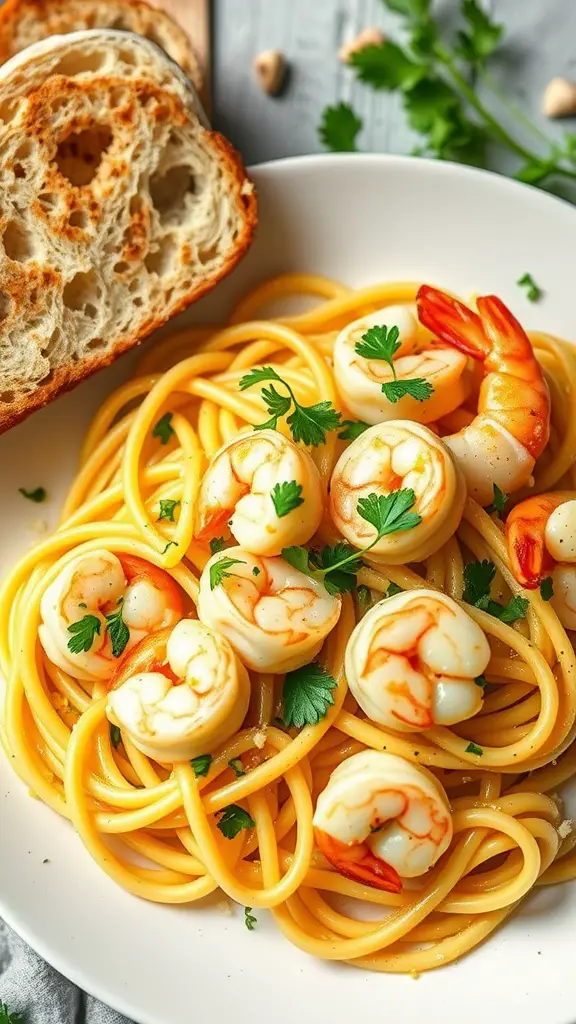 A delicious serving of garlic butter shrimp linguine with fresh parsley and a side of bread.