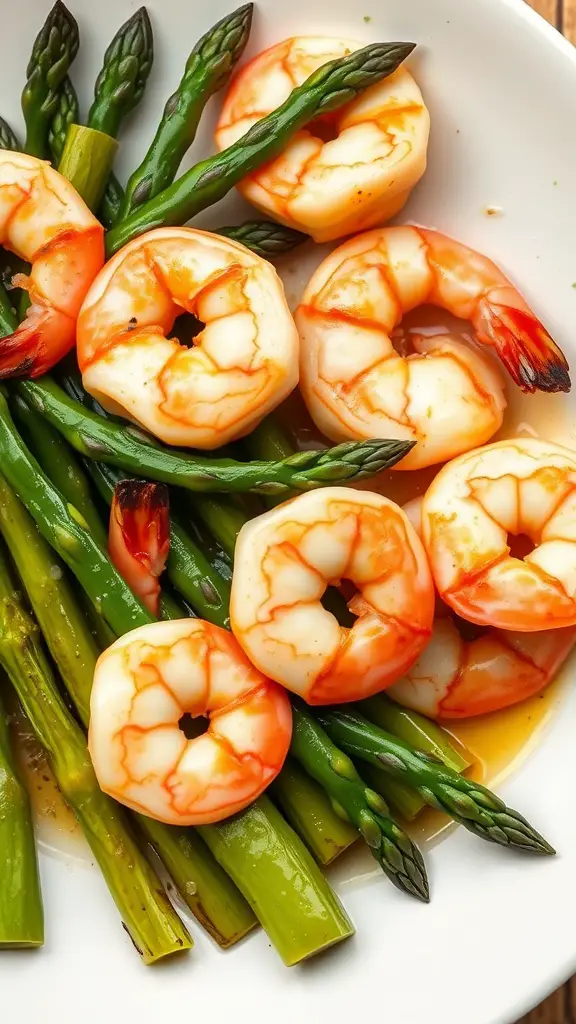 A plate of garlic butter shrimp on a bed of asparagus.